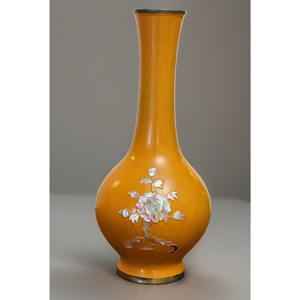 VTG Korean Brass Cloisonne Vase Yellow Enamel Mother of Pearl Inlaid Bud 7.5”